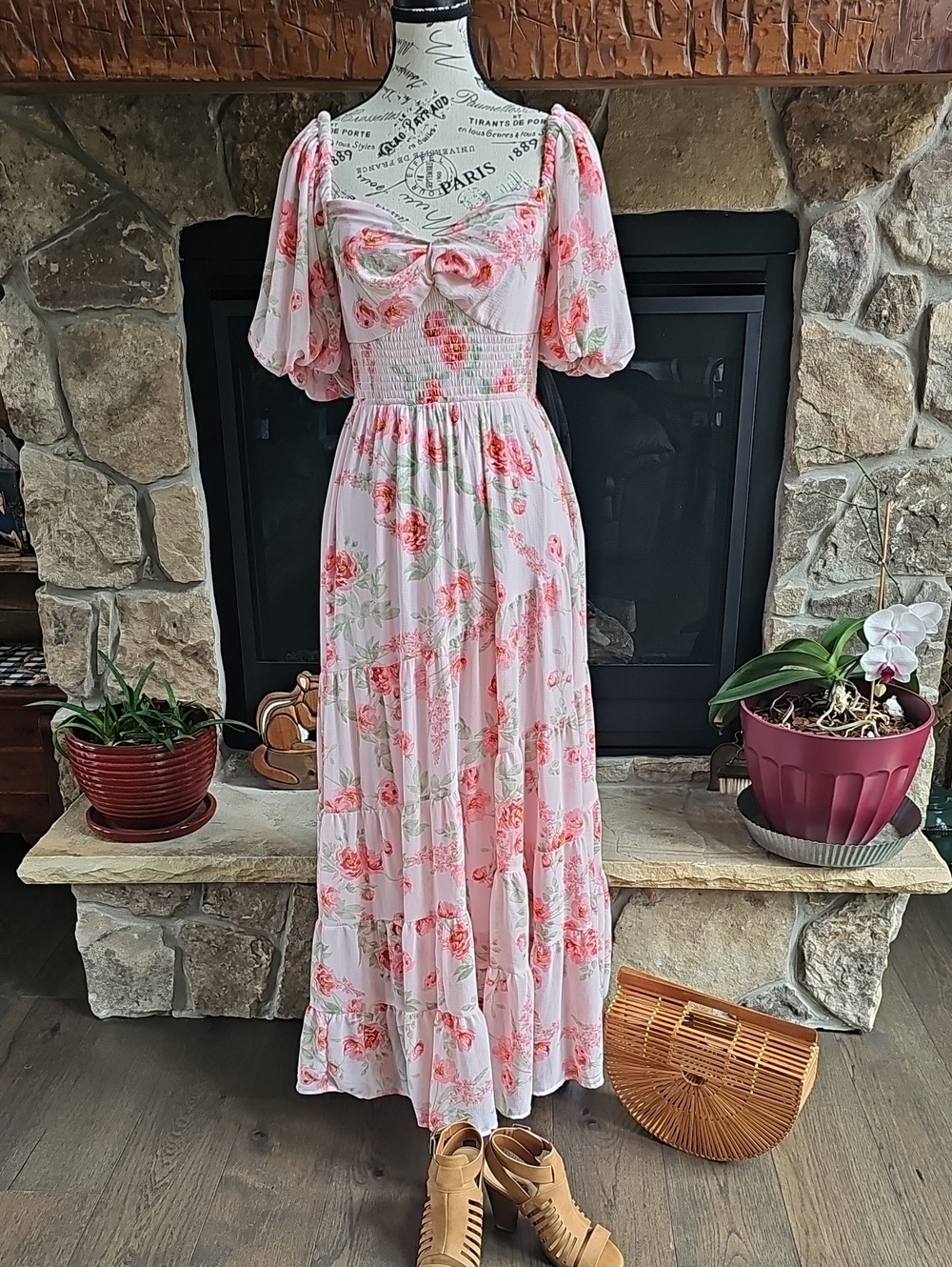 NWT Altar’d State Pink Floral Cottagecore Maxi Dress Puff Sleeve Medium